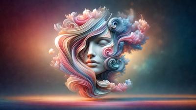 The primary subject of the image is a three-dimensional sculpture of a woman's face. The sculpture is made of paper and is intricately crafted, showcasing the artist's skill. The setting is a room with a backdrop of a cloudy sky, which adds a sense of depth and atmosphere to the scene. The visual style is a combination of digital art and illustration, as the paper sculpture is digitally rendered and displayed. The colors and mood of the image are predominantly pink